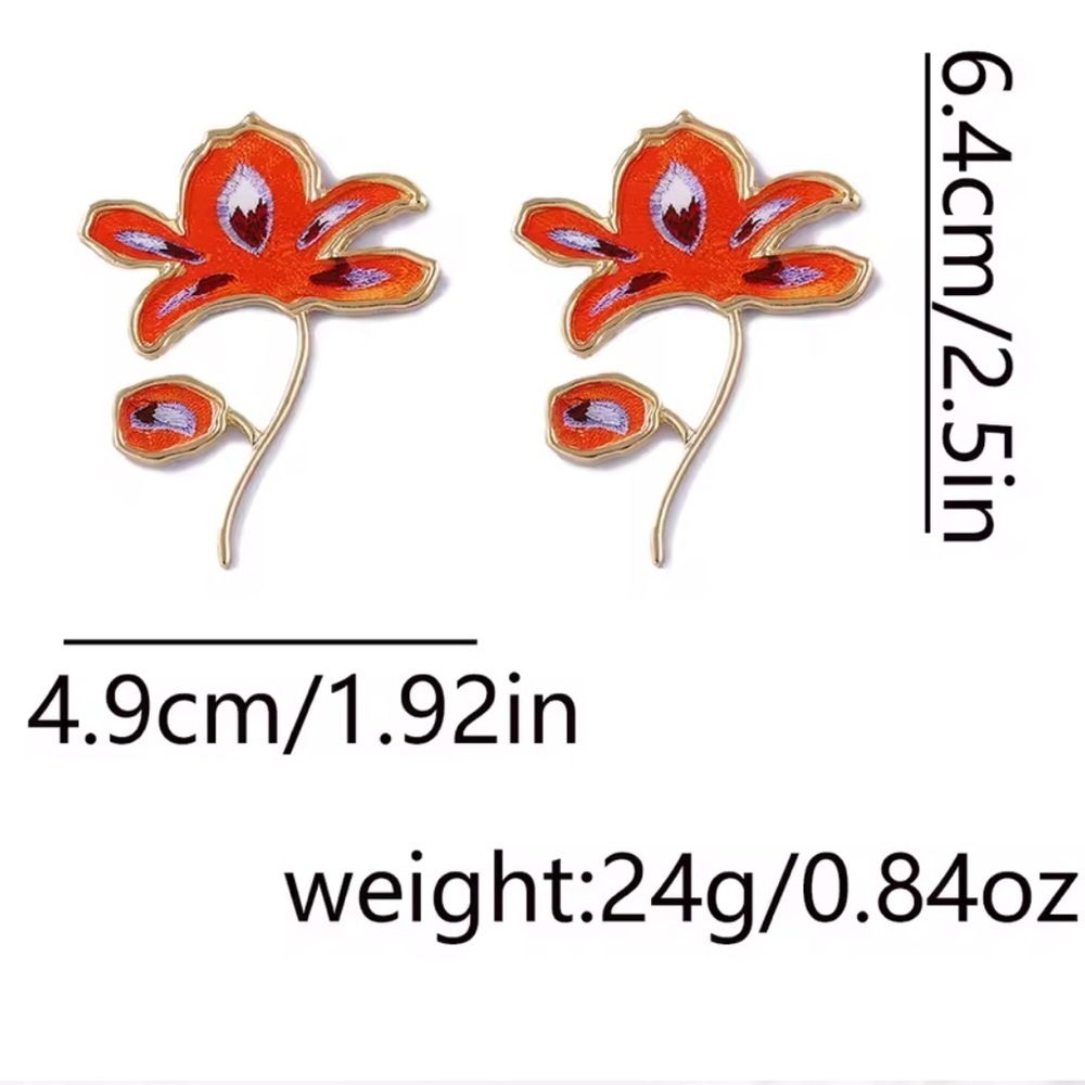 Unique Floral Gold and Orange Statement Earrings - Picture 5 of 6